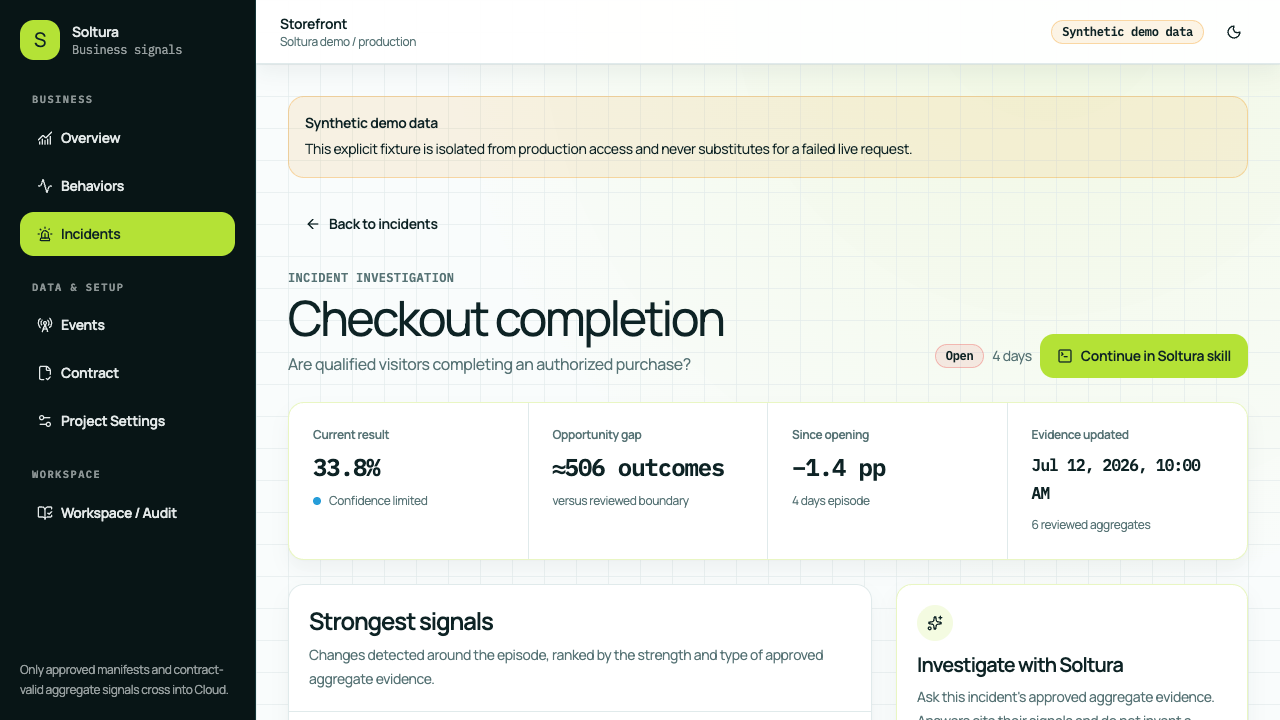 Soltura Cloud incident signal and evidence assistant shown with synthetic demo data
